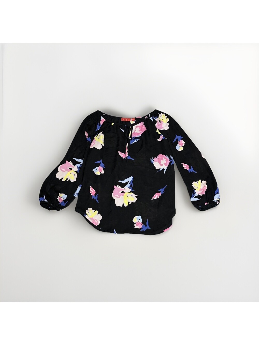 Elle Womens Large Black Floral Polyester Long Sleeve Tie Neck